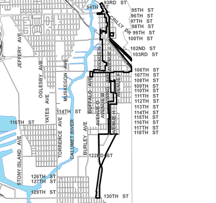 Ewing Avenue TIF district, roughly bounded on the north by 93rd Street, 130th Street on the south, the Illinois-Indiana State Boundary Line on the east, and Buffalo Avenue on the west.